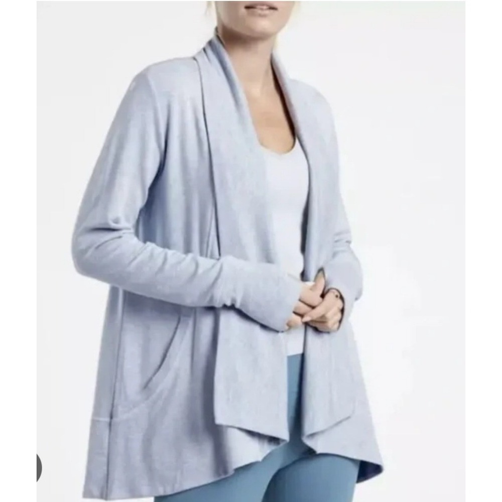 Athleta Pranayama Wrap Cardigan Womens XXS Light Blue Good Ribbed Pockets‎